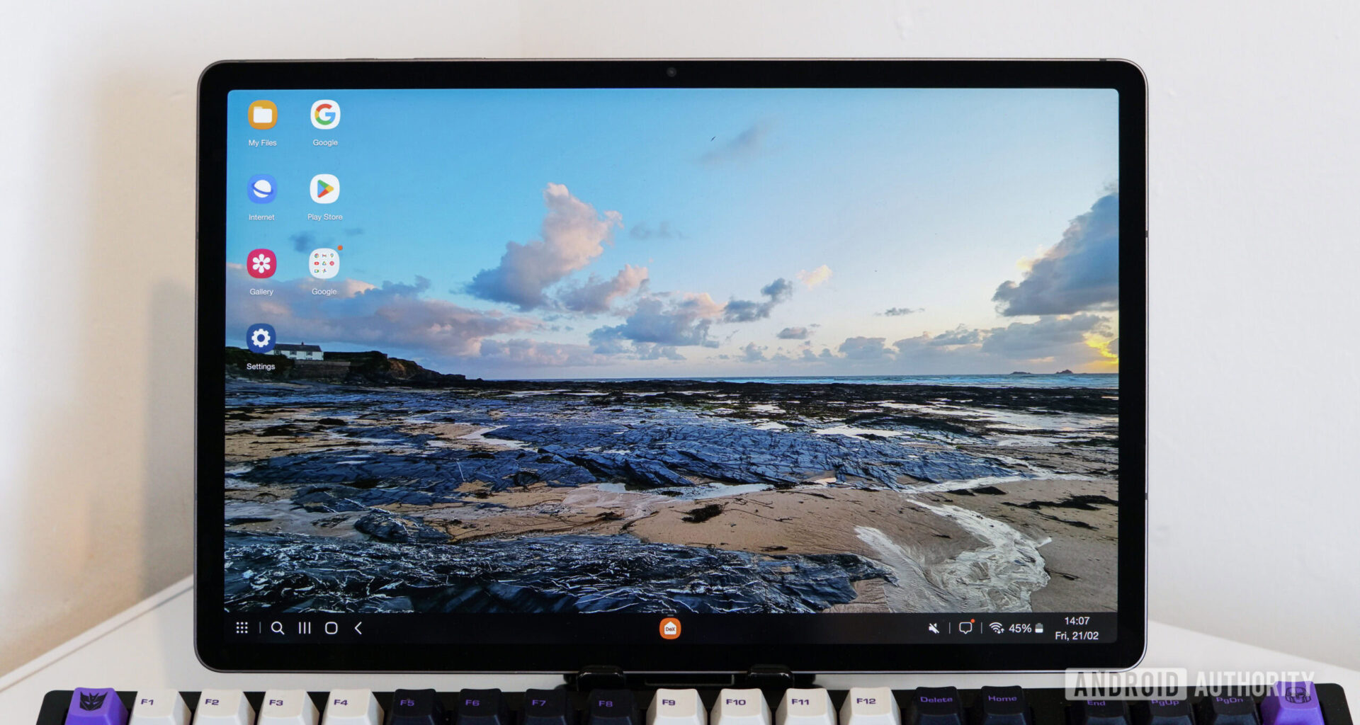 A Galaxy Tab S10+ in DeX mode with a keyboard