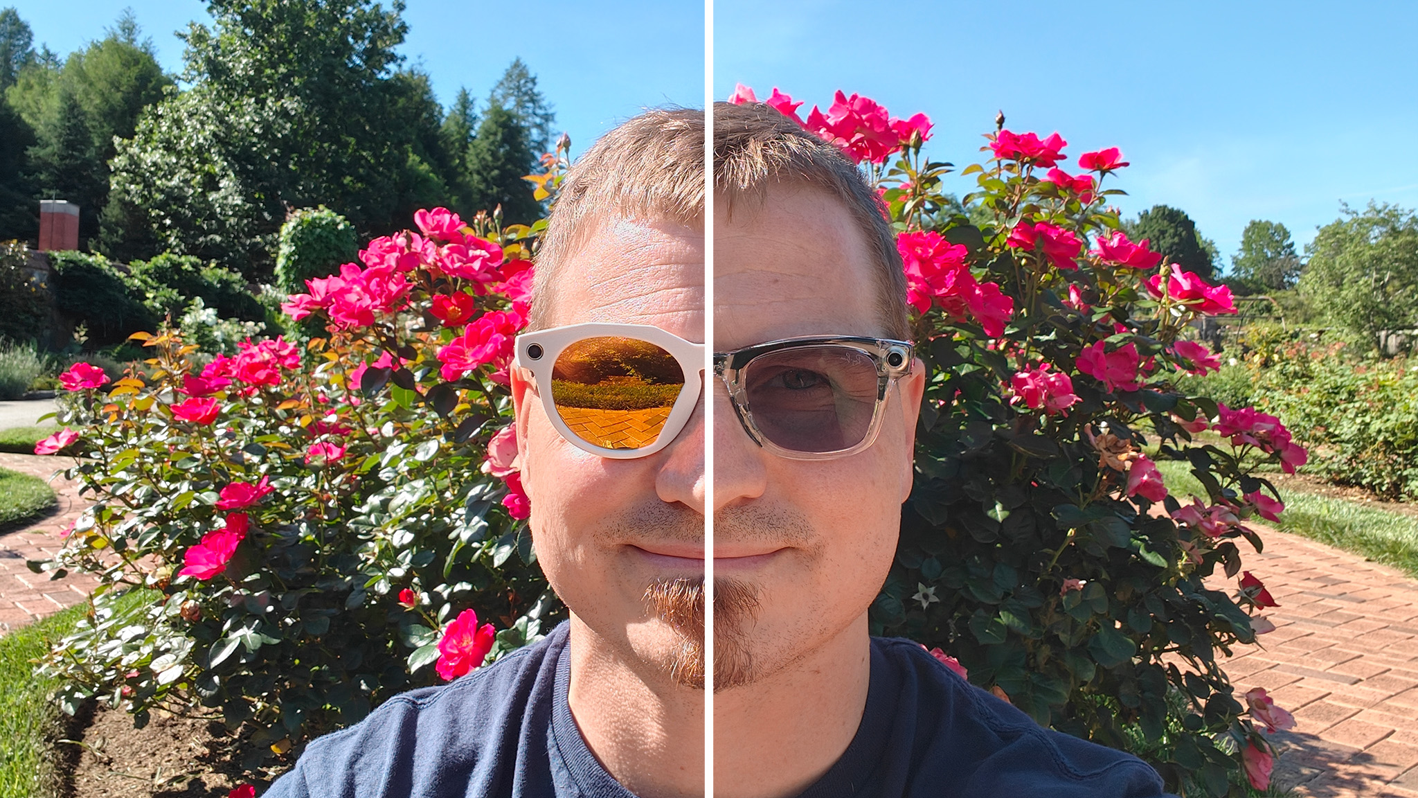 Wearing Oakley Meta HSTN and Ray-Ban Meta Smart Glasses with the picture split down the middle