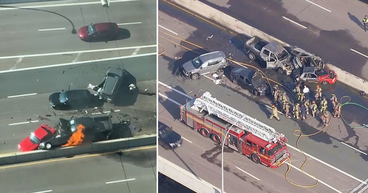 Multi-vehicle crash and car fire on Gardiner Expressway in Toronto