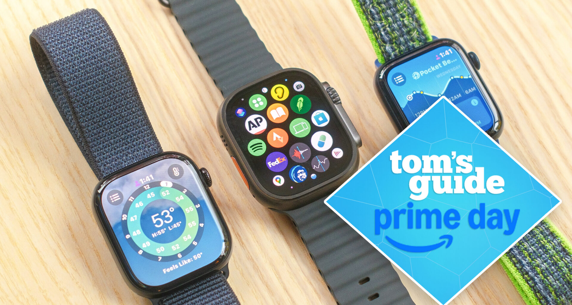 Apple Watch 10, Apple Watch SE, and Apple Watch Ultra 2 next to each other on a wooden table