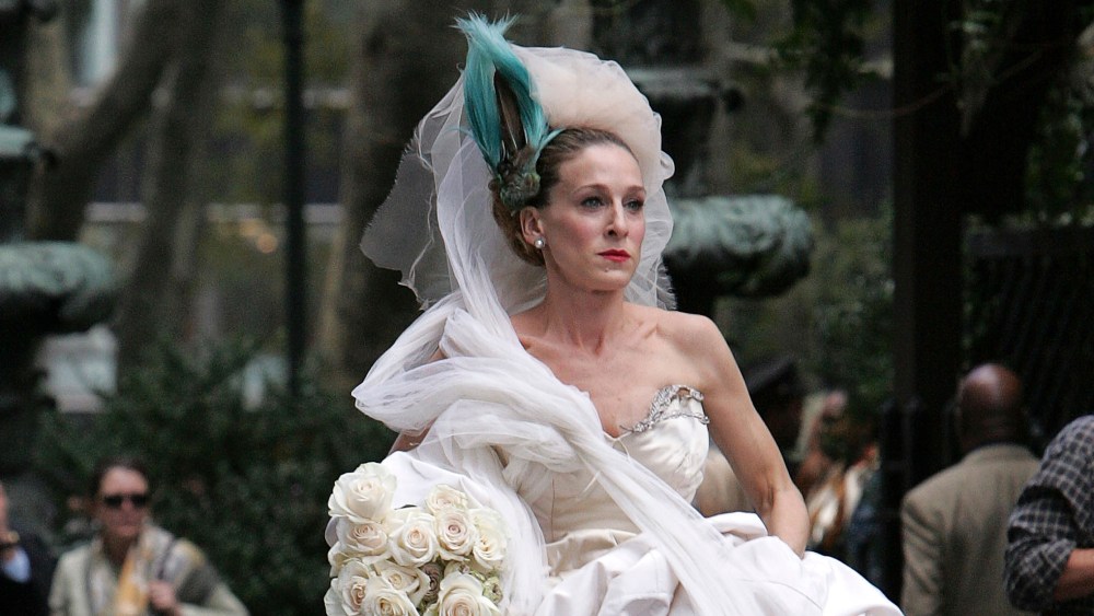 Sarah Jessica Parker on the set of "Sex and the City: The Movie" wearing a Vivienne Westwood design.