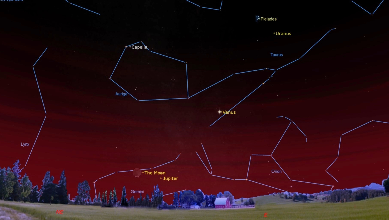 A map of the night sky with a sliver of moon next to Jupiter