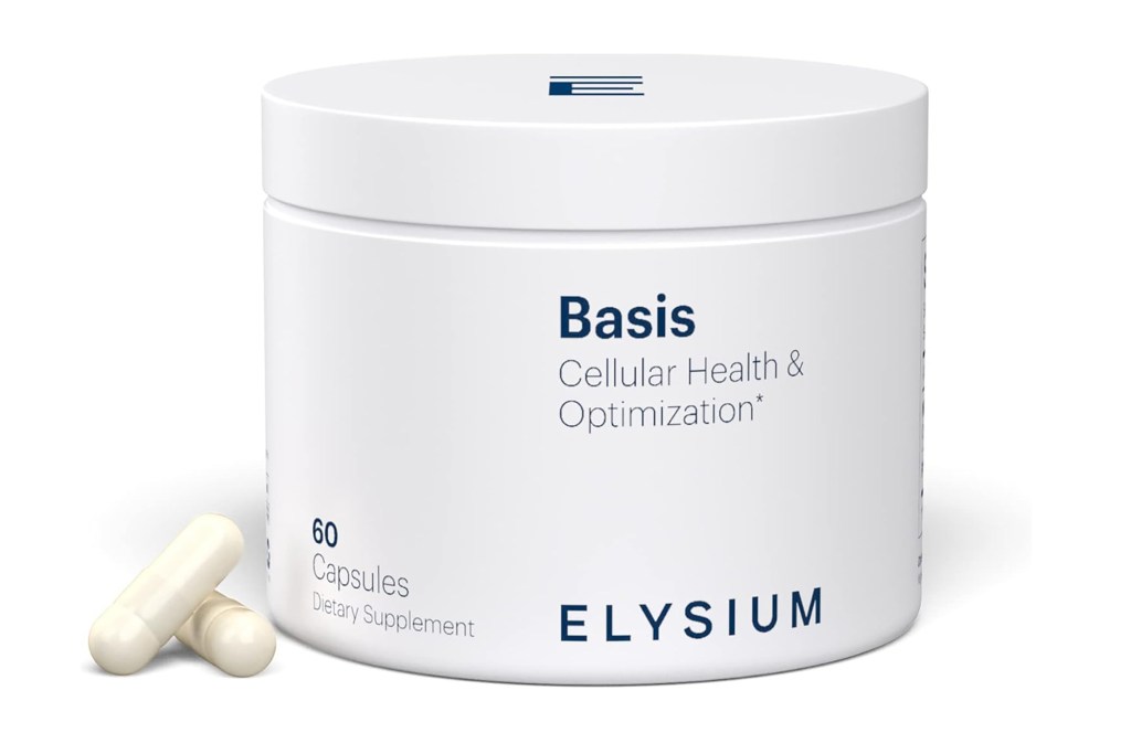 A white container from elysium health with a lid and two pills