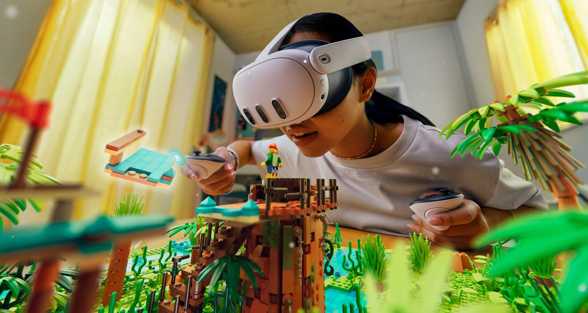 Girl wearing Meta Quest 3 headset interacting with a jungle playset