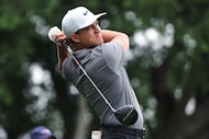 Cameron Champ hits off the ninth tee during the first round of the CJ Cup Byron Nelson golf...