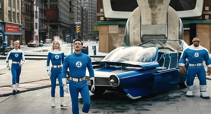 Joseph Quinn, Vanessa Kirby, Pedro Pascal, and Ebon Moss-Bachrach in The Fantastic Four: First Steps (2025)