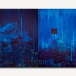 A semi-abstract diptych painting that is mostly blue with streaks of text in it. At left, a woman's face is embedded into an icy mountain.