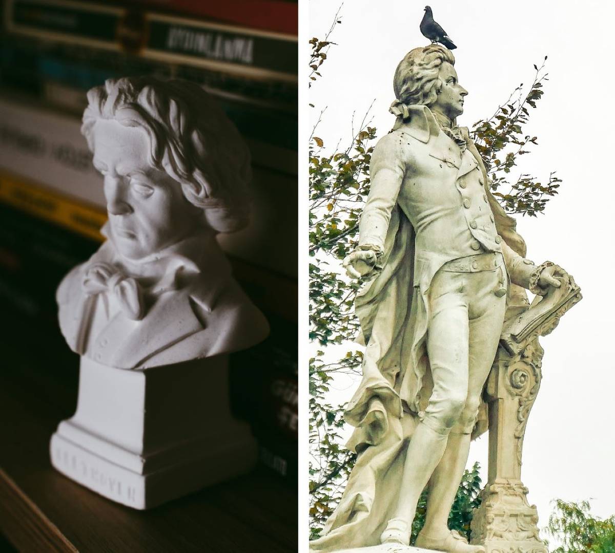 A collage of sculptures/busts of Beethoven (left) and Mozart (right)