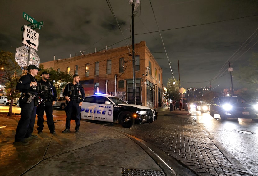 Police officers patrol the Deep Ellum neighborhood in Dallas, TX, on Nov 8, 2024.