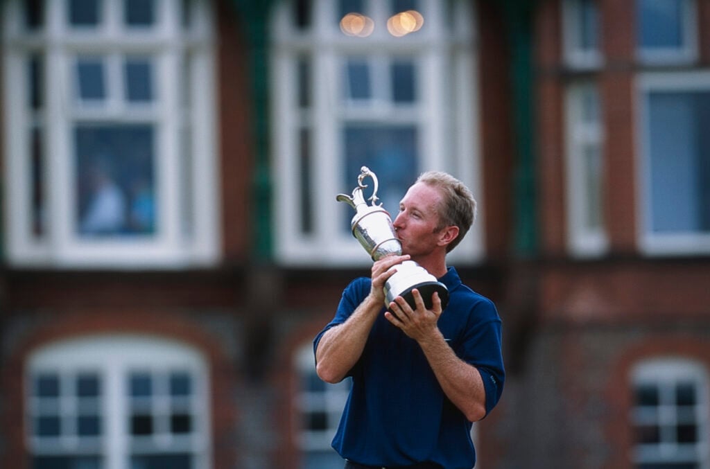 David Duval of the United States kissing the Claret Jug after winning The Open in 2001