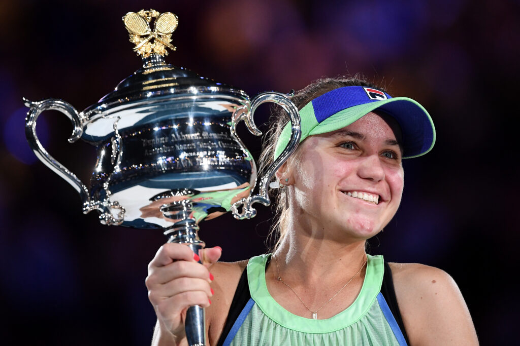Sofia Kenin of the United States poses with the Daphne Akhurst Memorial Cup after winning her Women's Singles Final match against Garbine Muguruza of Spain on day thirteen of the 2020 Australian Open at Melbourne Park on February 01, 2020 in Melbourne, Australia.