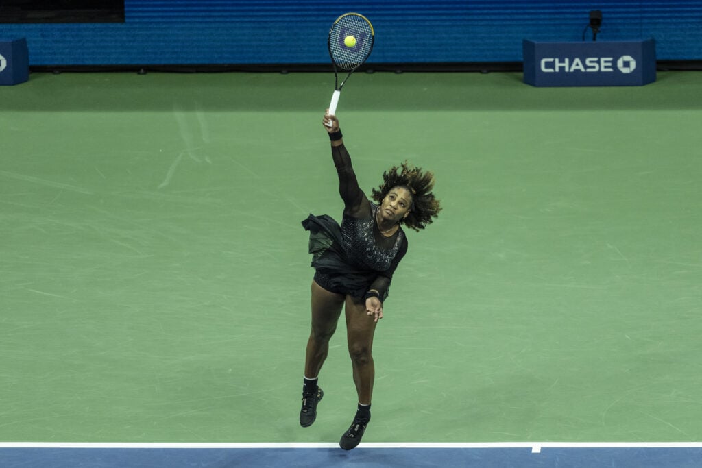Serena Williams hits a serve in her final match at the 2022 US Open