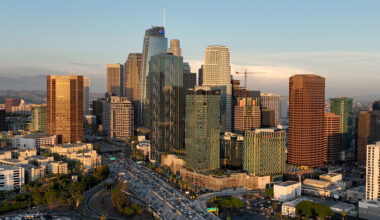 An aerial view of of the downtown Los Angeles skyline as seen from the Pico-Union area of Los Angeles at dusk in , Los Angeles, Wednesday, Sept. 28, 2022.