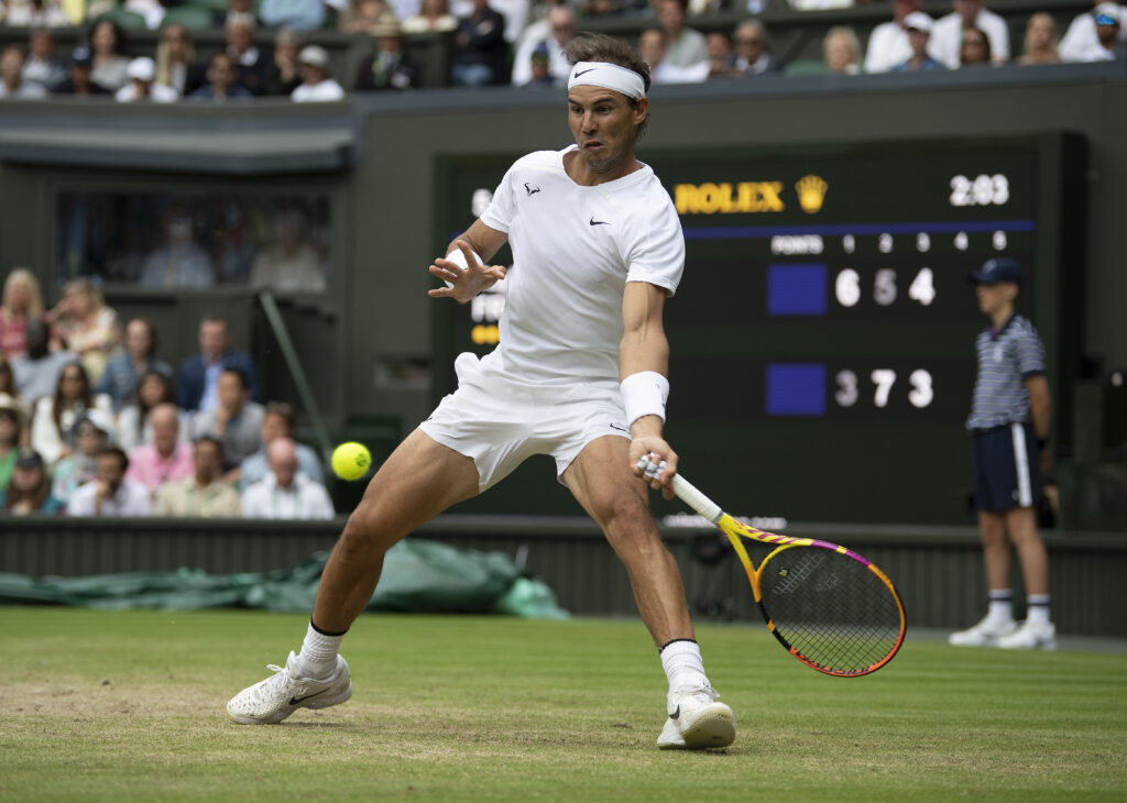 Rafael Nadal of Spain during his match against Taylor Fritz of The United States in their Men's Singles Quarter Final match on day ten of The Championships Wimbledon 2022 at All England Lawn Tennis and Croquet Club on July 06, 2022 in London, England.