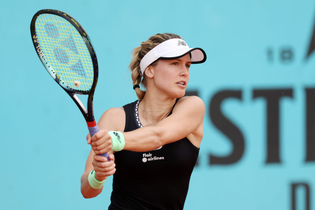 Eugenie Bouchard of Canada plays a backhand against Martina Trevisan of Italy during the Men's Singles second round match on Day Five of the Mutua Madrid Open at La Caja Magica on April 28, 2023 in Madrid, Spain.