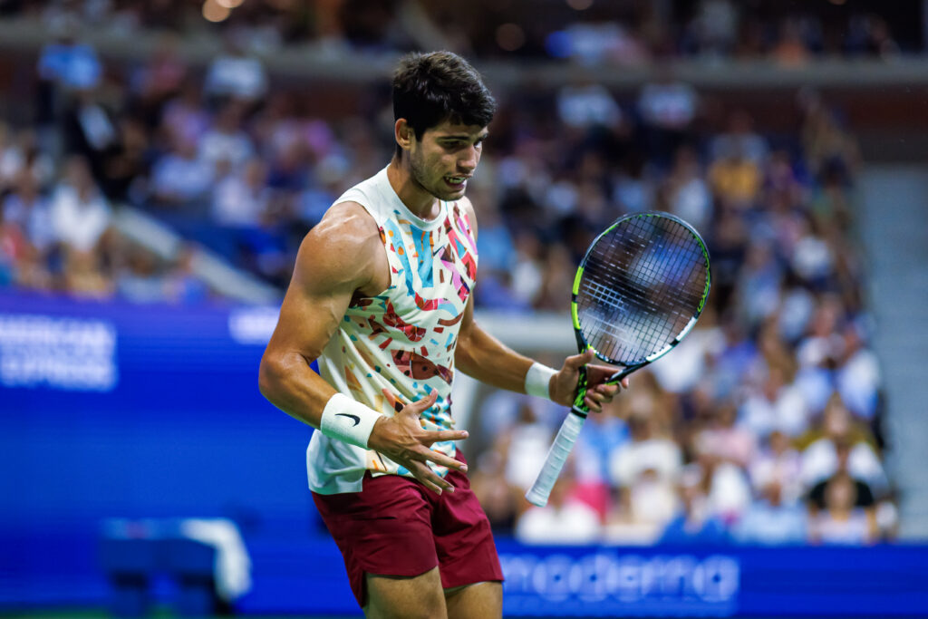 Carlos Alcaraz of Spain looks frustrated during his match against Alexander Zverev of Germany in the quarter finals of the US Open at the USTA Billie Jean King National Tennis Center on September 06, 2023 in New York City.