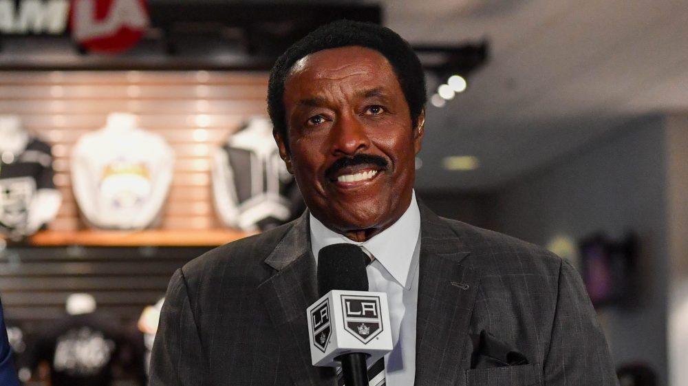 LOS ANGELES, CA - NOVEMBER 18: Bally Sports West Patrick O'Neal and Jim Hill speak on the pregame show prior to the game between the St. Louis Blues and the Los Angeles Kings at Crypto.com Arena on November 18, 2023 in Los Angeles, California. (Photo by Juan Ocampo/NHLI via Getty Images)