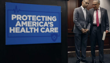 Senate Majority Leader Charles Schumer (D-NY) (R) talks with House Minority Leader Hakeem Jeffries (D-NY) while attend an event to mark the 14 anniversary of the passage of the Affordable Care Act at the U.S. Capitol on March 21, 2024 in Washington, DC. (Chip Somodevilla/Getty Images)