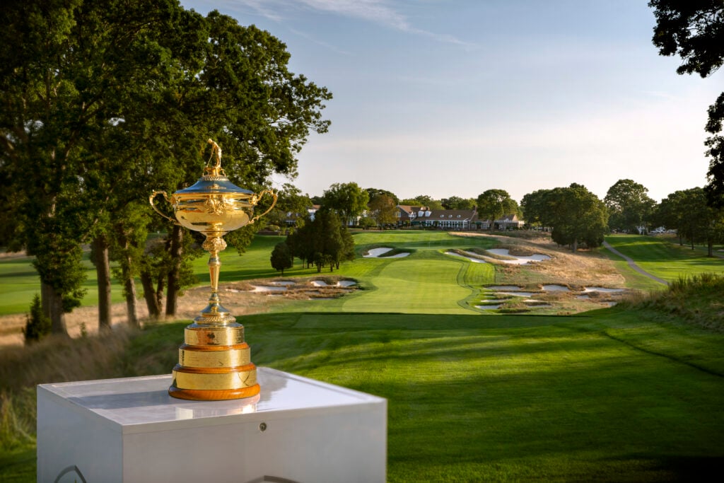 The Ryder Cup trophy is seen at the Bethpage Black Course ahead of the 2025 matchup between Team USA and Europe