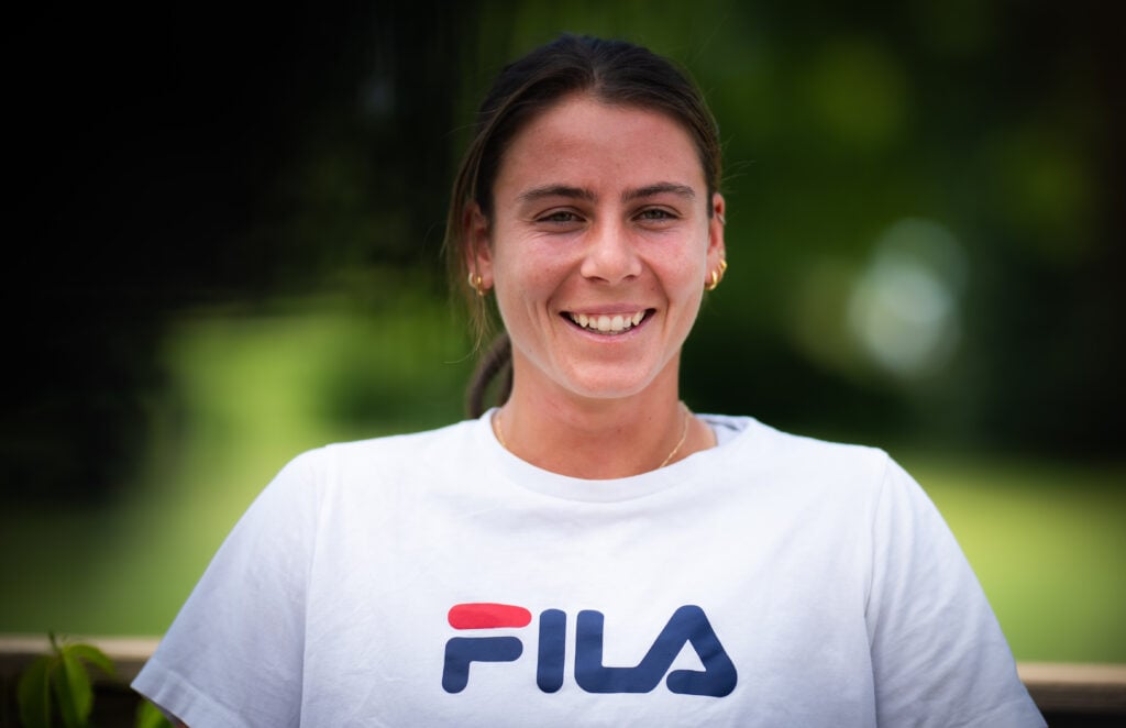 Emma Navarro of the United States talks to the media on Day 2 of the Cincinnati Open at Lindner Family Tennis Center.