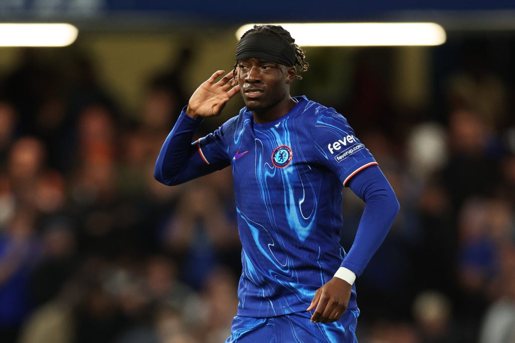 Noni Madueke celebrates during Chelsea vs Servette