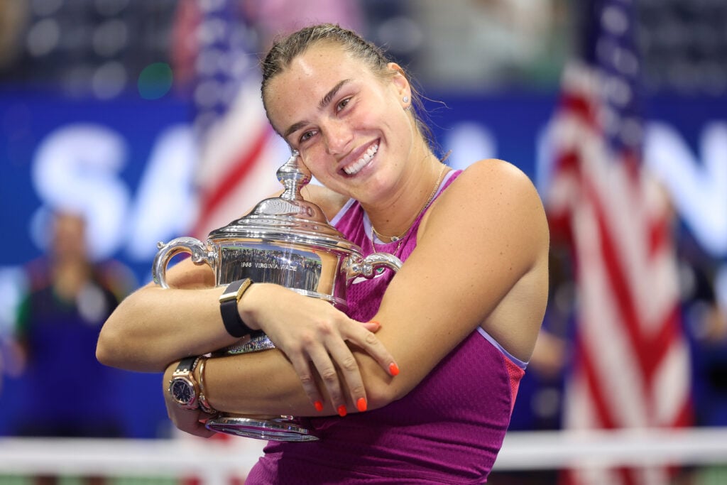 Aryna Sabalenka of Belarus celebrates with the winners trophy after defeating Jessica Pegula of the United States to win the Women's Singles Final on Day Thirteen of the 2024 US Open.