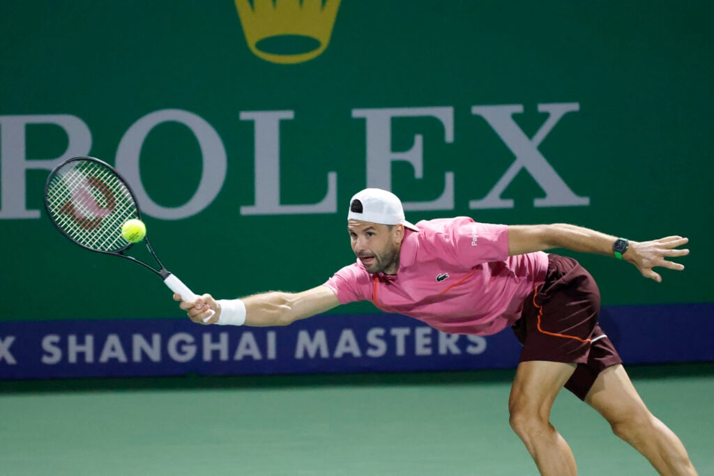 Grigor Dimitrov lunges to hit a forehand at the 2024 Shanghai Rolex Masters