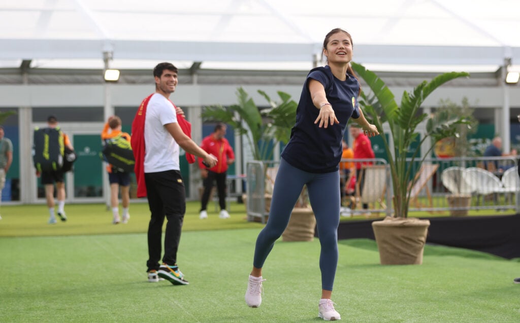 Carlos Alcaraz looks back at Emma Raducanu at the 2024 Billie Jean King Cup Finals
