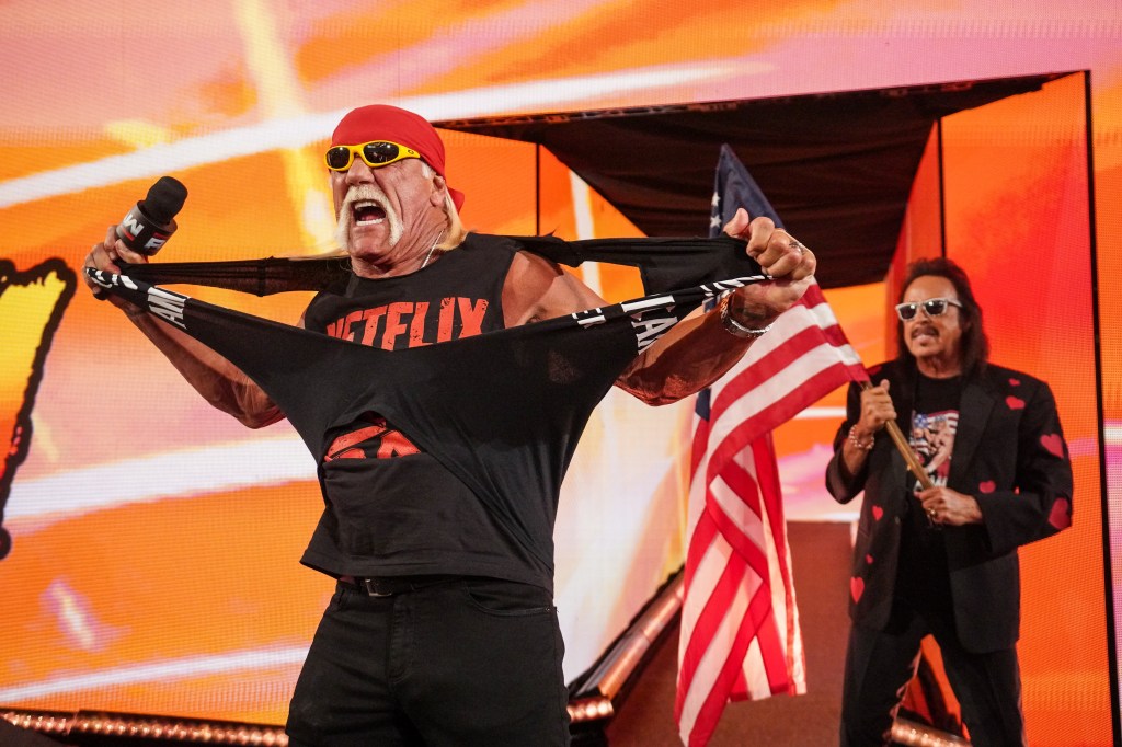 Hulk Hogan with Jimmy Hart along side address the crowd during RAW at Intuit Dome on January 6, 2025 in Inglewood, California.