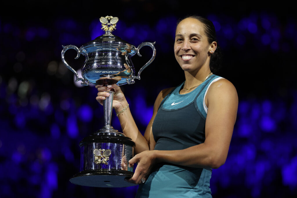 Madison Keys of the United States poses with the Daphne Akhurst Memorial Cup after the Women's Singles Trophy Presentation following the Women's Singles Final against Aryna Sabalenka during day 14 of the 2025 Australian Open at Melbourne Park on January 25, 2025 in Melbourne, Australia.