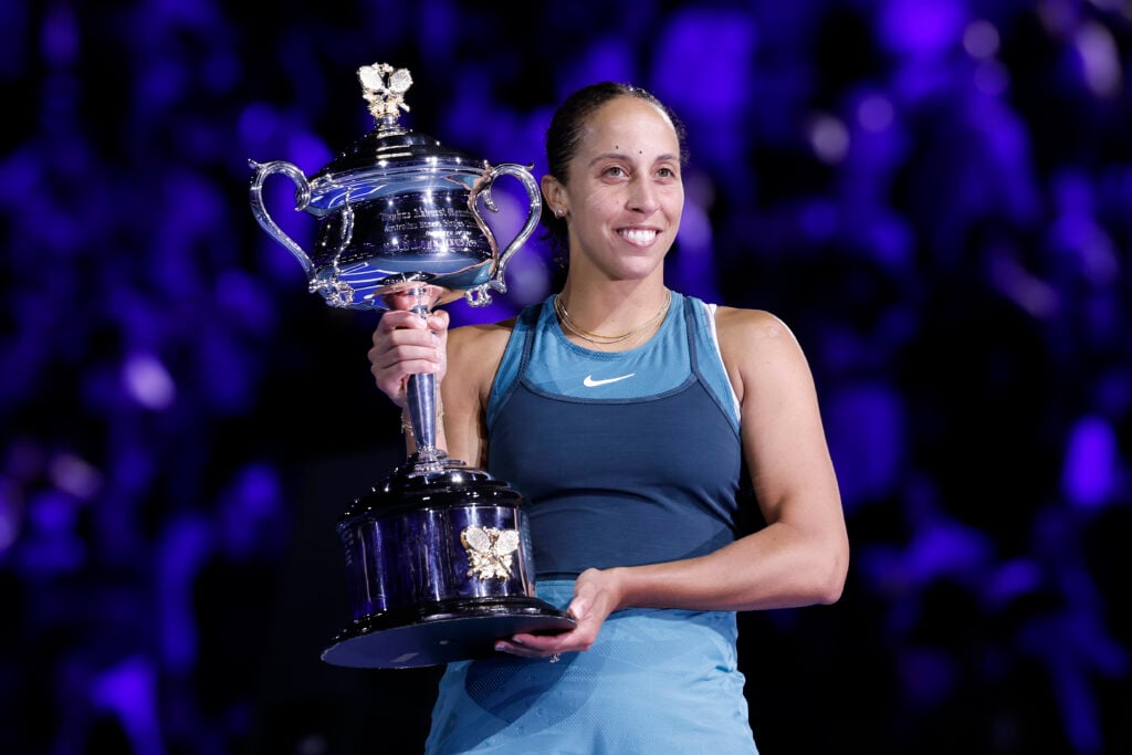 Madison Keys of the United States poses with the Daphne Akhurst Memorial Cup after the Women's Singles Trophy Presentation following the Women's Singles Final against Aryna Sabalenka during day 14 of the 2025 Australian Open.