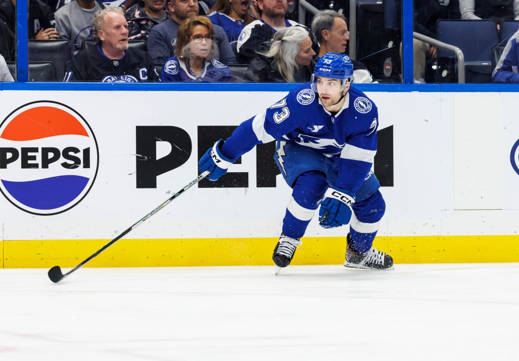  Conor Sheary #73 of the Tampa Bay Lightning skates against the Ottawa Senators at Amalie Arena on February 6, 2025 in Tampa, Florida. 