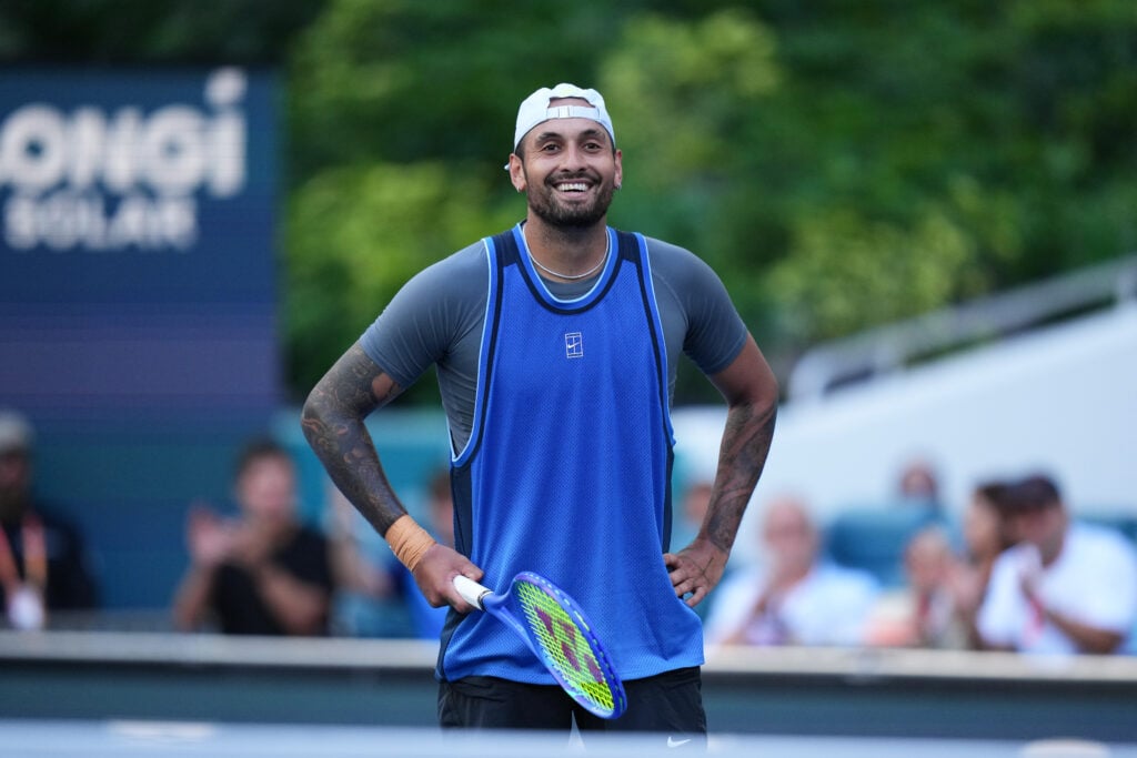 Nick Kyrgios of Australia reacts against Mackenzie McDonald of the United States during their match on Day 2 at Hard Rock Stadium.