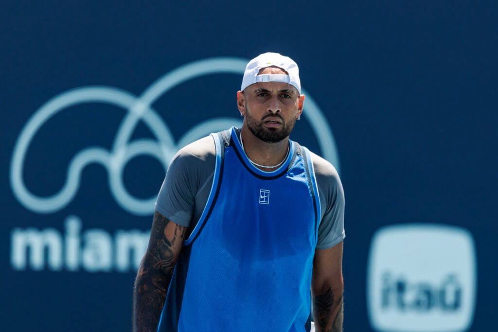 Nick Kyrgios of Australia looks dejected during his match against Karen Kachanov of Russia in the second round of the men's singles in the Miami Open at the Hard Rock Stadium.