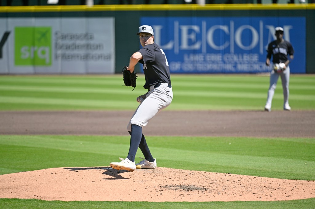 Cam Schlittler #76 of the New York Yankees throws a pitch during the third inning of a spring training game against the Pittsburgh Pirates at LECOM Park on March 11, 2025 in Bradenton, Florida.