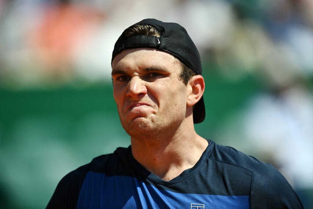 Jack Draper of Great Britain shows his frustration in his match against Alejandro Davidovich Fokina of Spain in the Men's Singles Third round match during day Five of the Rolex Monte-Carlo Masters at Monte-Carlo Country Club on April 10, 2025 in Monte-Carlo, Monaco.
