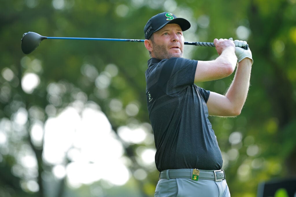 Branden Grace hits a tee shot during the first round at LIV Golf Mexico City