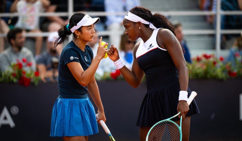 Alexandra Eala of the Philippines and Coco Gauff of the United States in action against Sara Errani of Italy and Jasmine Paolini of Italy in the doubles quarter-final on Day Ten of the Internazionali BNL D'Italia at Foro Italico.