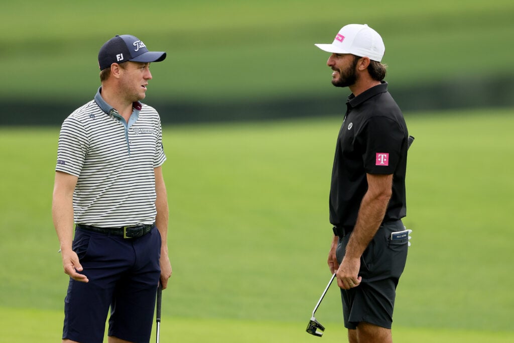 Justin Thomas and Max Homa chat during a practice round ahead of the PGA Championship