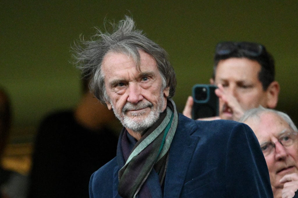 Manchester United co-owner Sir Jim Ratcliffe looks on toward camera.