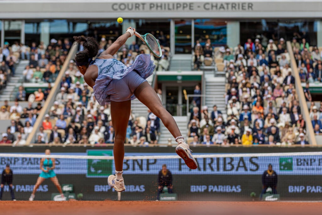 Coco Gauff serves to Aryna Sabalenka in the 2025 French Open final