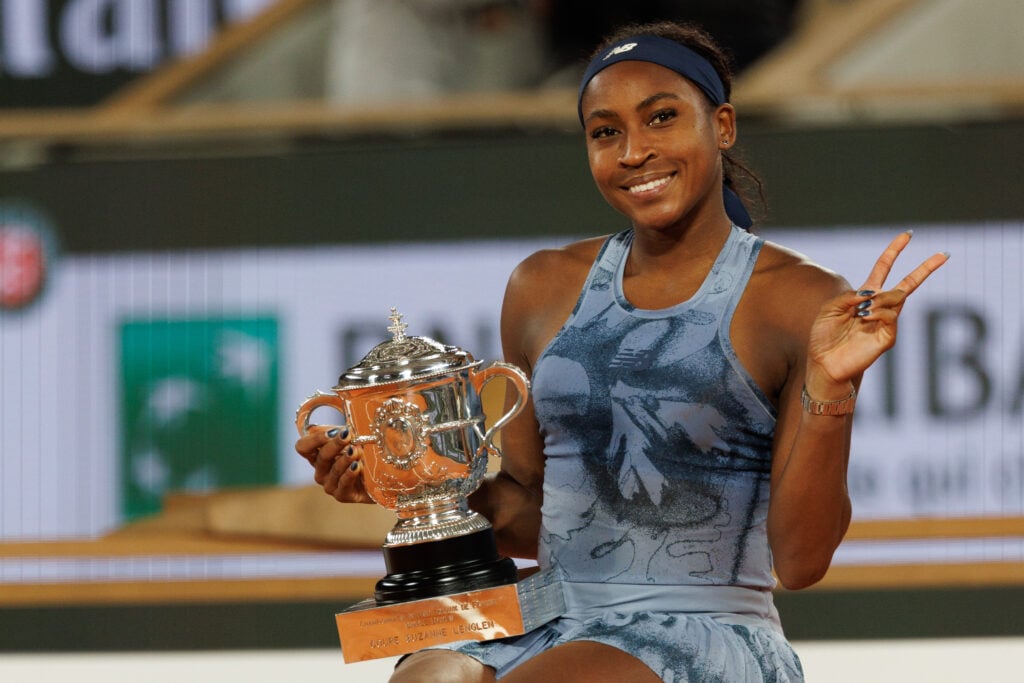 Coco Gauff of United States with the Coupe Suzanne Lenglen trophy after her victory over Aryna Sabalenka in the Women's Singles Final match on Day Fourteen of the 2025 French Open at Roland Garros.