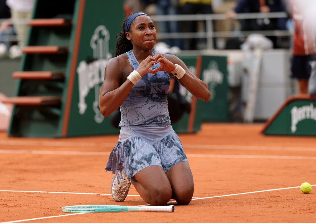 Coco Gauff of United States celebrates winning championship point against Aryna Sabalenka during the Women’s Singles Final match on Day Fourteen of the 2025 French Open at Roland Garros on June 07, 2025 in Paris, France.