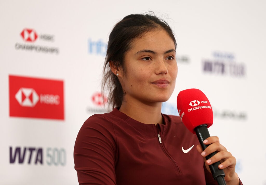 Emma Raducanu of Great Britain speaks to the media following victory over Rebecca Sramkova of Slovakia during the Women's Singles Second Round match on Day Four of the 2025 HSBC Championships at The Queen's Club.