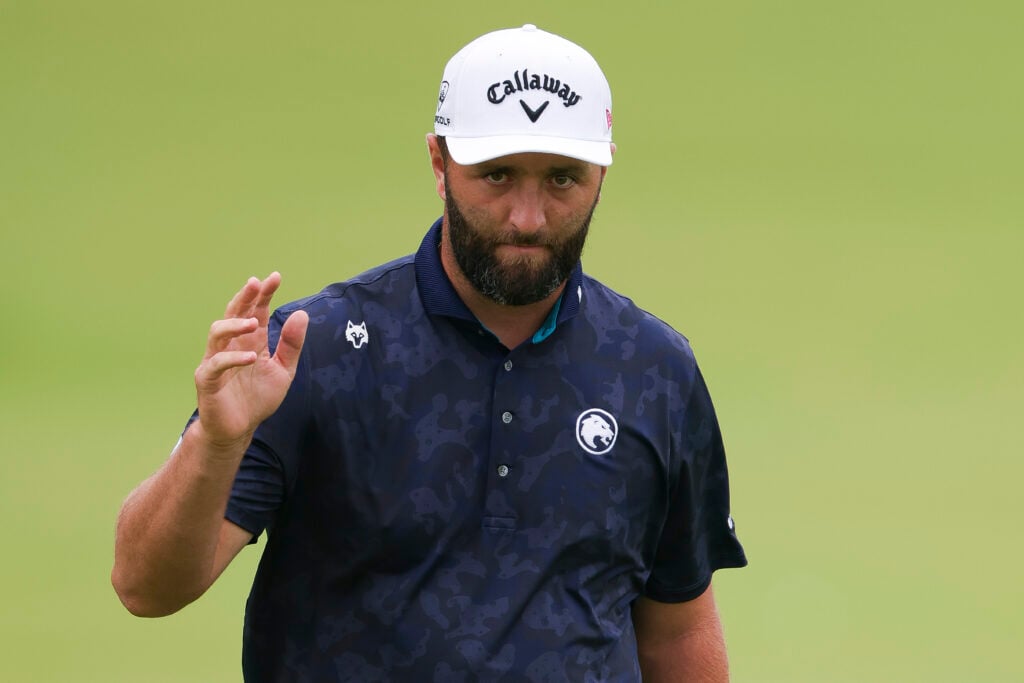 Jon Rahm thanks the fans after a shot at the US Open in 2025