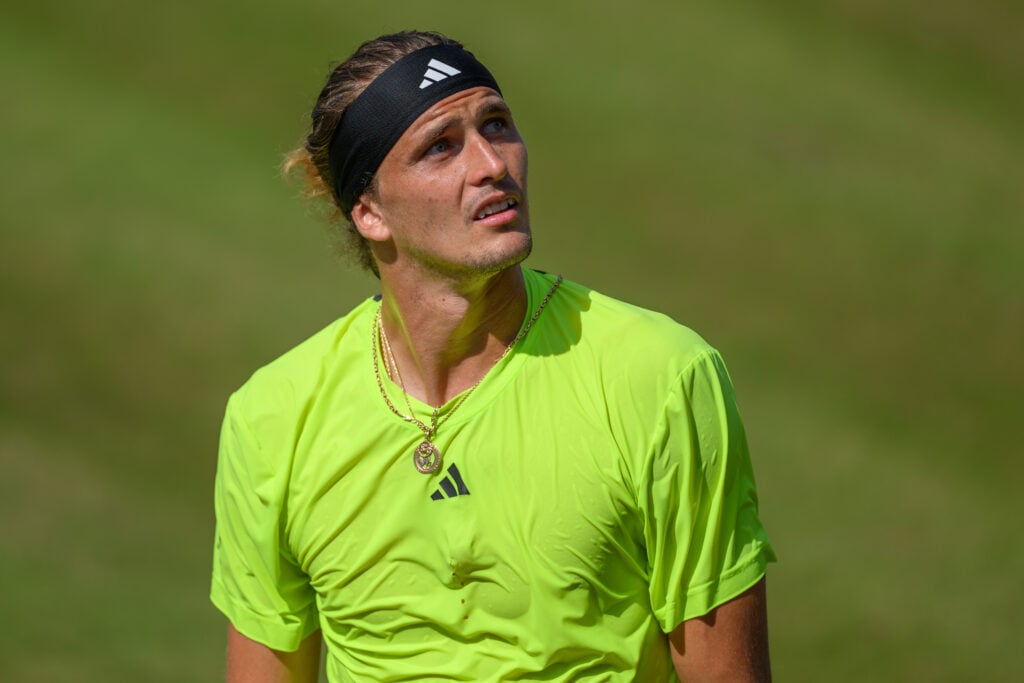 Alexander Zverev looks on during his semifinal match with Ben Shelton at the 2025 Stuttgart Open