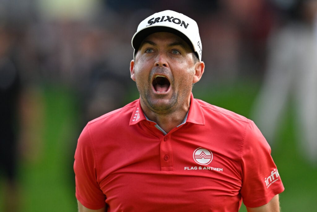 Keegan Bradley celebrates after winning the Travelers Championship