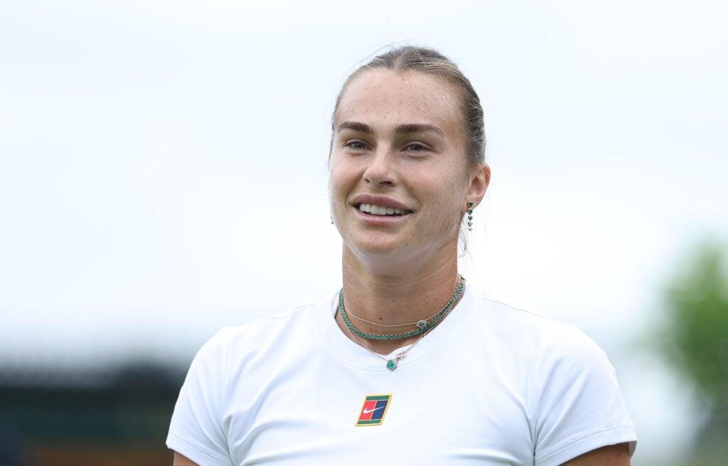 Aryna Sabalenka during practice prior to The Championships Wimbledon 2025 at All England Lawn Tennis and Croquet Club.