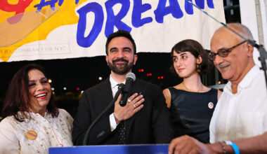 New York Assemblymember Zohran Mamdani, center, celebrates at an election night gathering in Queens on Tuesday. He is flanked by his wife, Rama Duwaji, second from right, and his parents, filmmaker Mira Nair and Columbia professor Mahmood Mamdani.