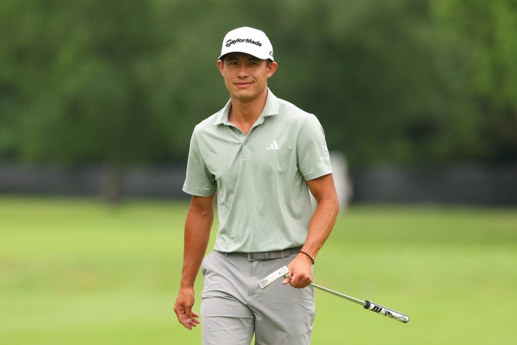 Collin Morikawa looks on during his practice round at the Rocket Classic 2025